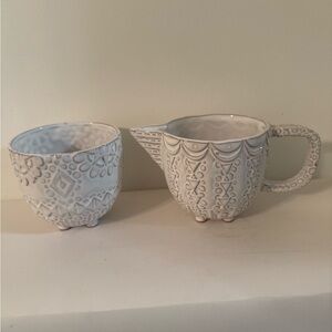Cream Textured Ceramic Set Creamer And Cup Set  Like
Embossed Floral Pattern